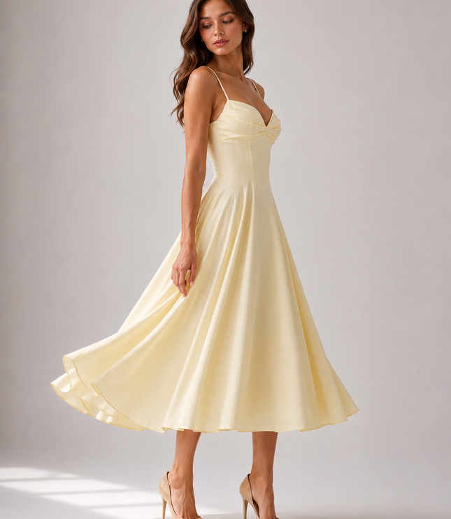 Vestido midi floral amarillo de verano con escote en V para invitada de boda mujer