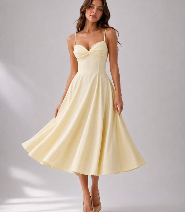 Vestido midi floral amarillo de verano con escote en V para invitada de boda mujer