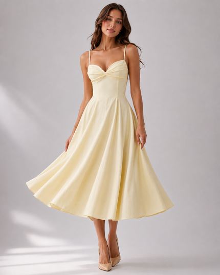 Vestido midi floral amarillo de verano con escote en V para invitada de boda mujer